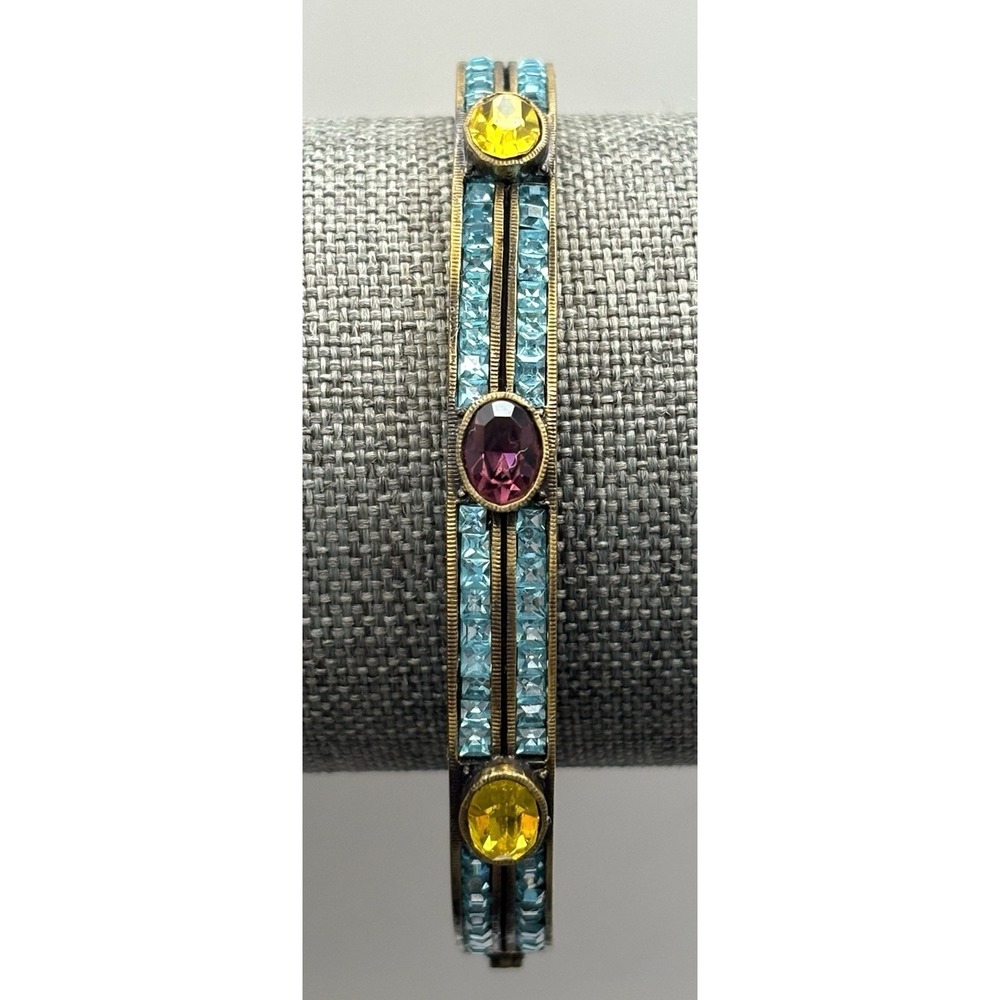 Heidi Daus Crystal Rhinestone Blue Purple Yellow Brass Tone Bangle Bracelet 7.25